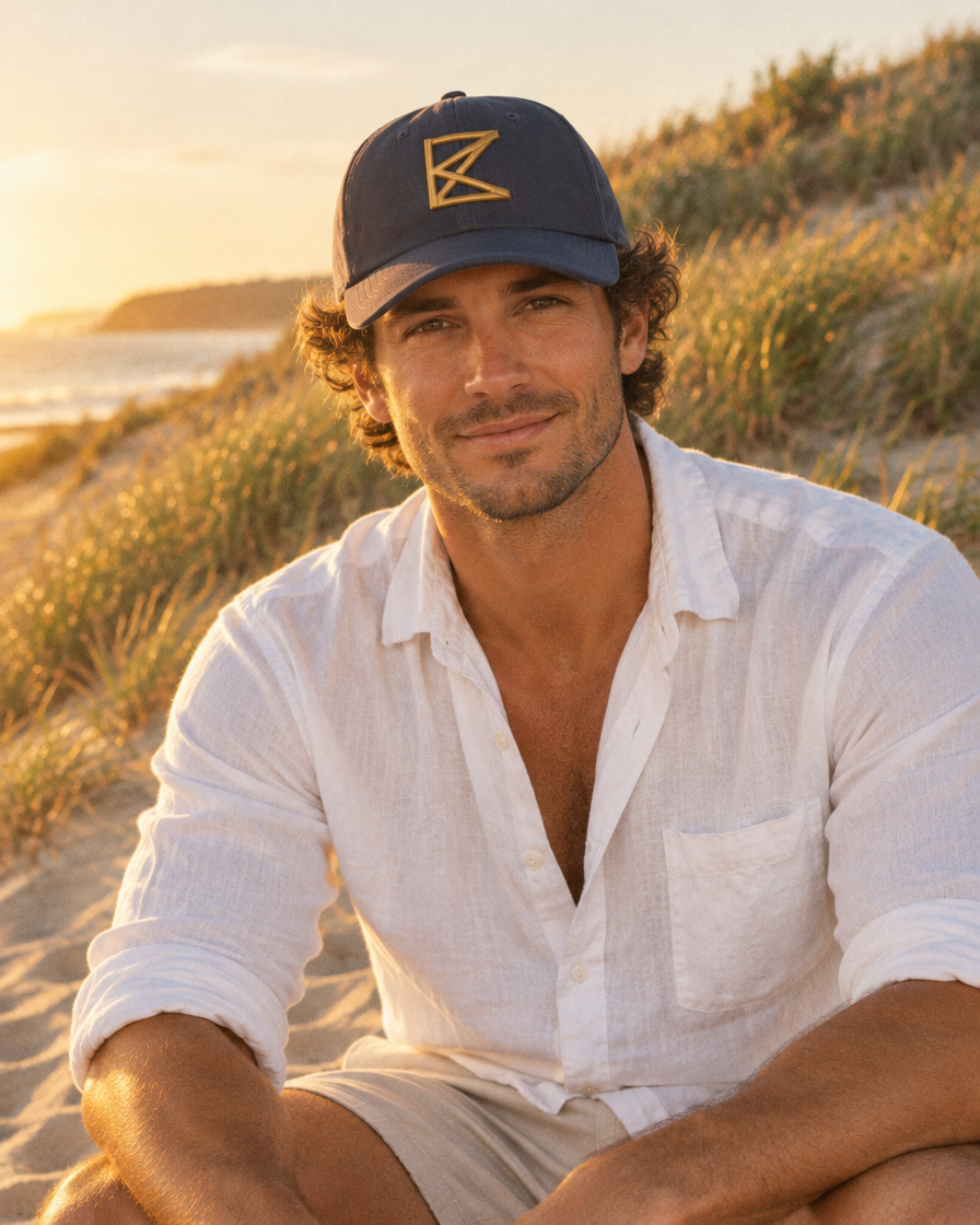 Man wearing The Peninsula Cap in the dunes (digital render)