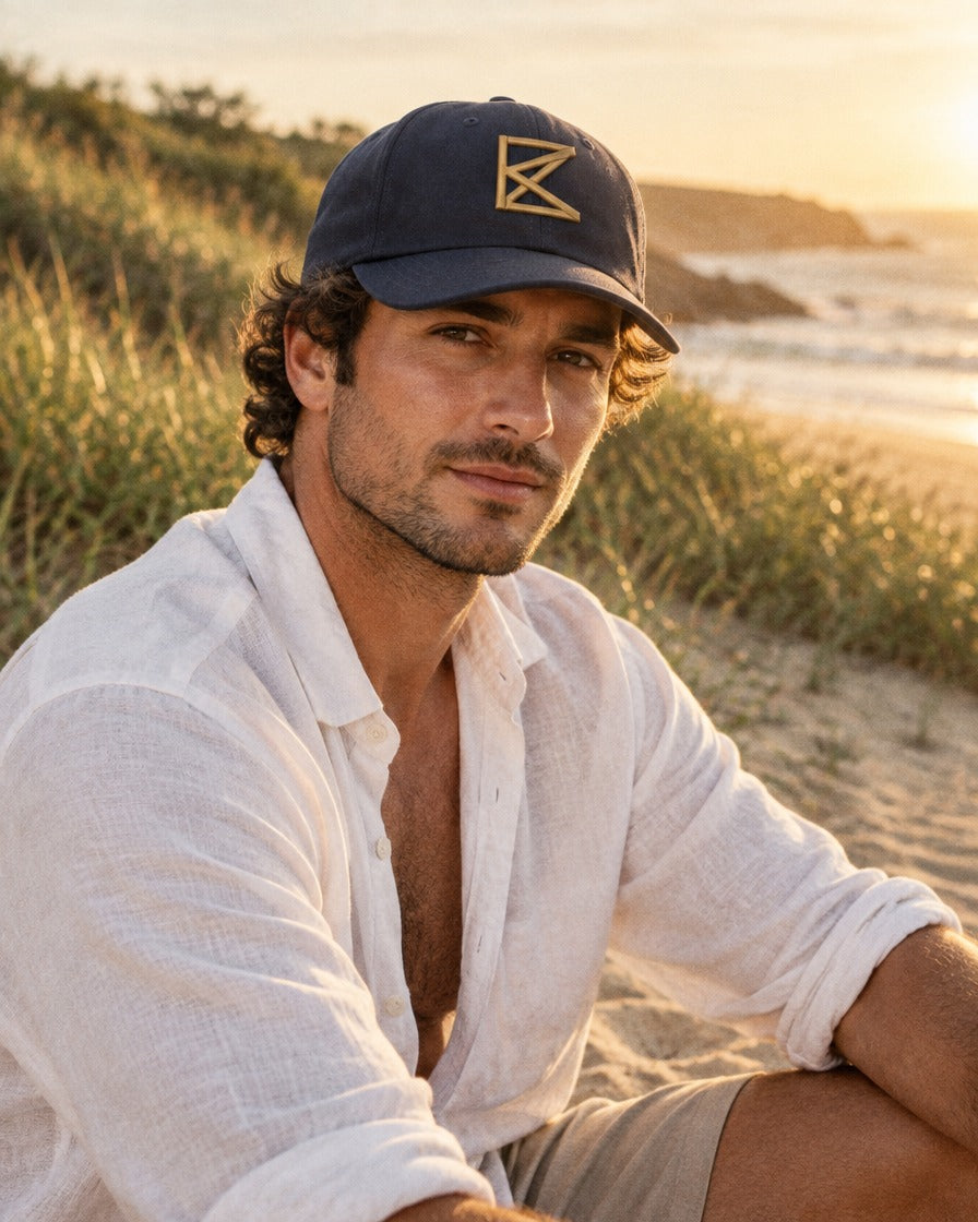 Man wearing The Peninsula Cap at golden hour (digital render)